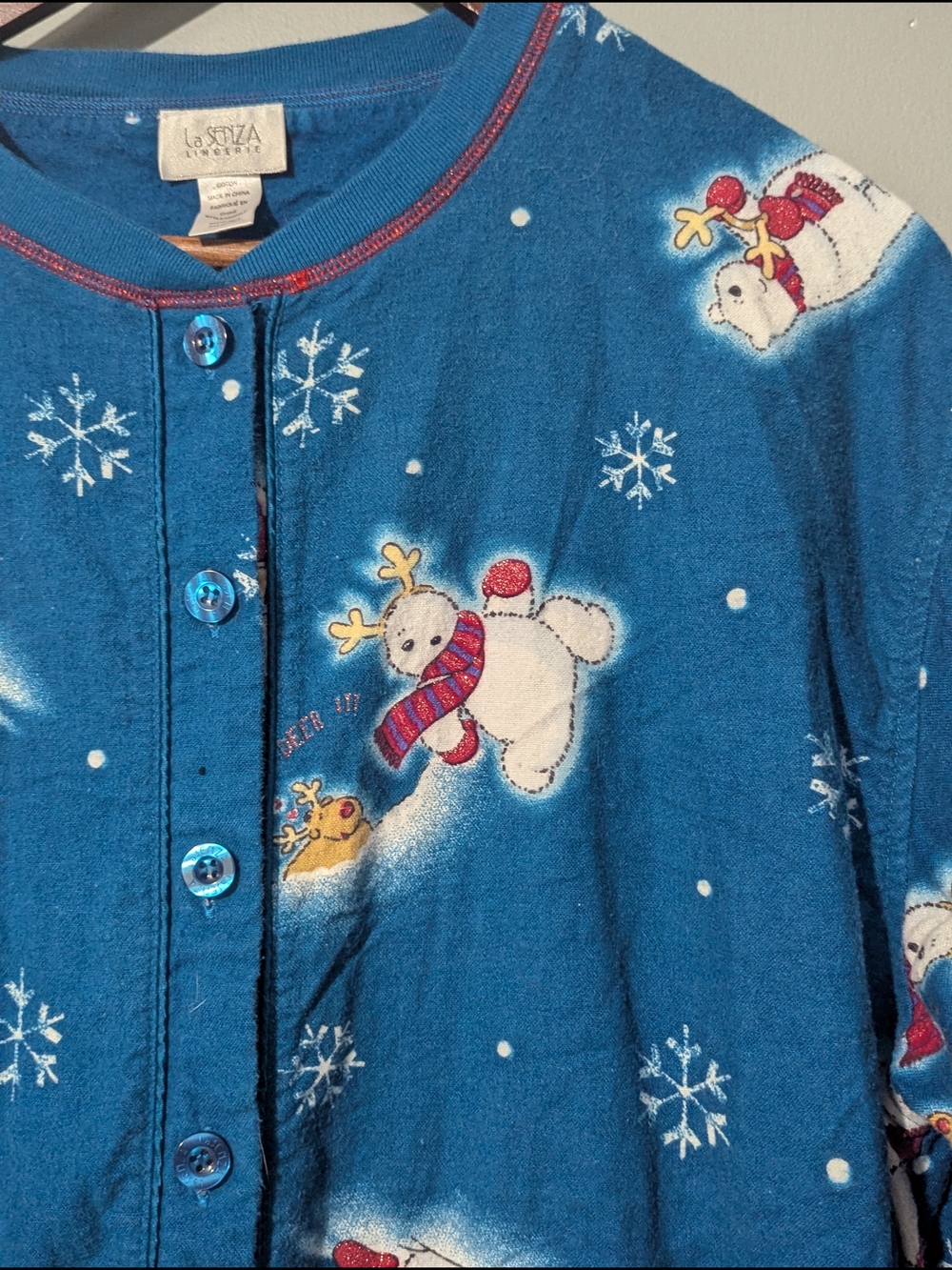 La Senza Vintage Women's Teal Snowman Fleece One-Piece Pajamas Whimsical Holiday - Picture 6 of 16